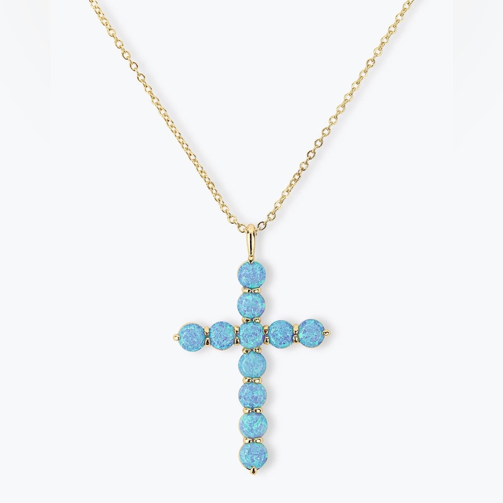 Melinda Maria Gold Cross Necklace with Blue Opal Stones
